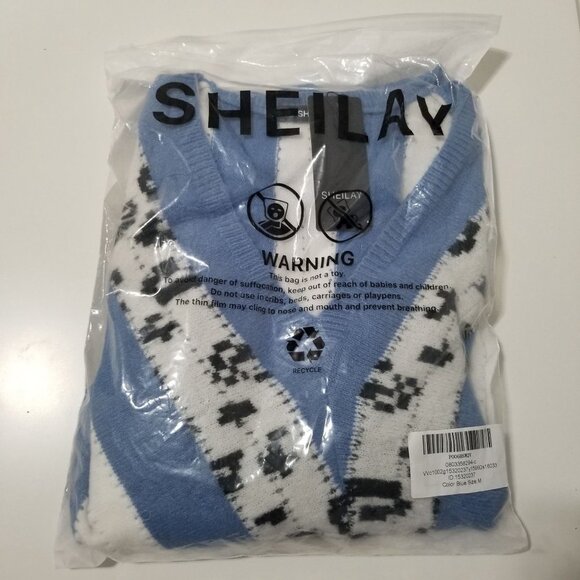 NWT SHEILAY Women's V Neck Sweater Long Sleeve Striped Color Block Knitted Pullo - Picture 7 of 10